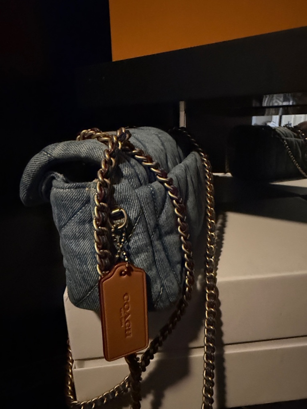 Coach Quilted Denim Crossbody Bag in Blue with Chain Strap - Picture 2 of 5